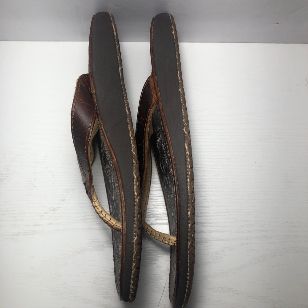 Olukai Paniolo Shoes Womens Size 7 Brown Leather Flip Flop Sandals Embroidered - Picture 3 of 7